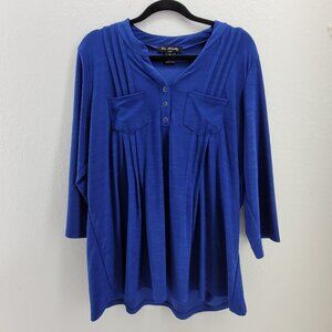 Elie McCarthy Top Women's 1x Blue Popover 3/4 sleeve Buttons Pleats